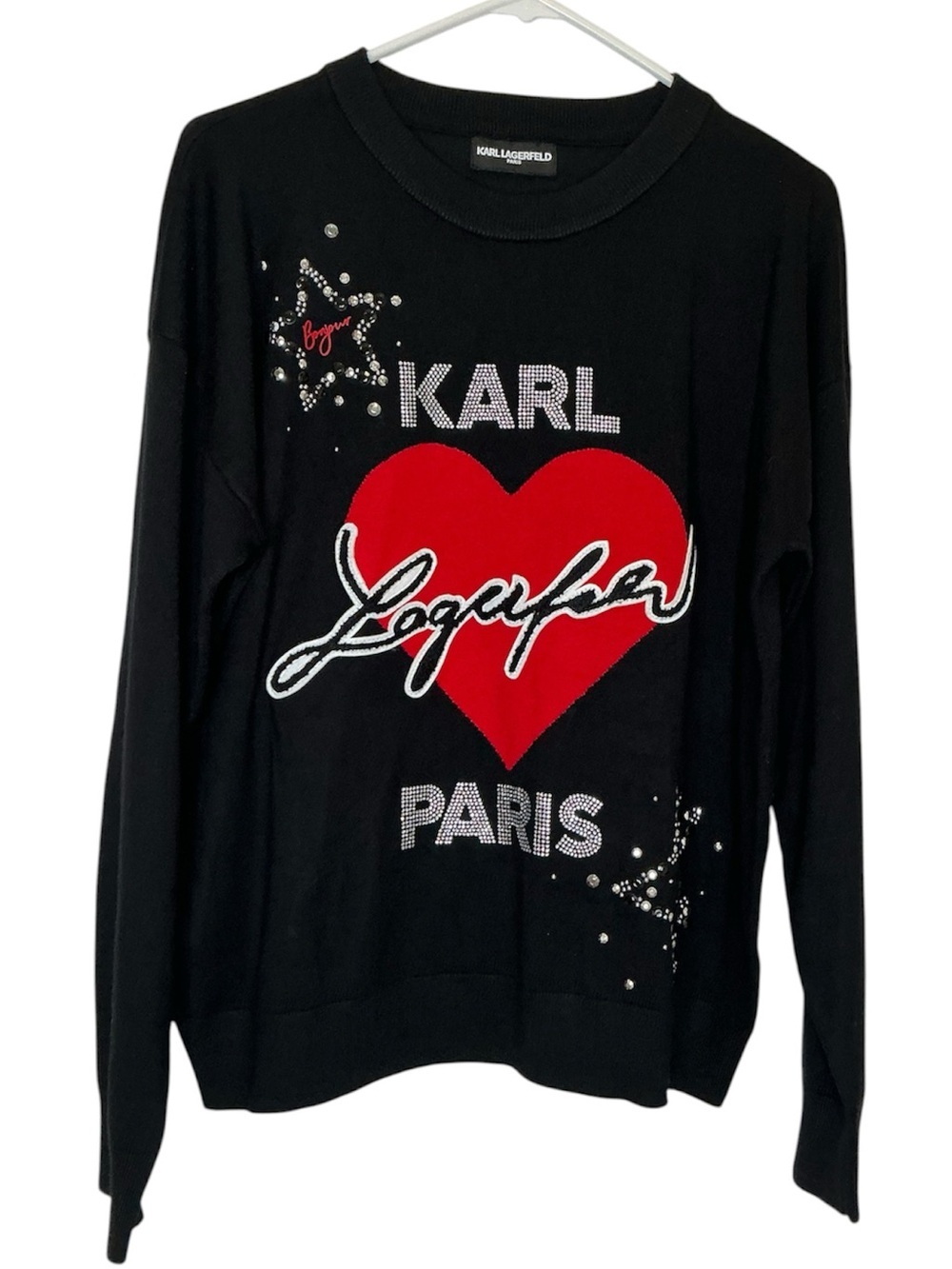 Karl Lagerfeld Black Sweater with Red Heart and Crystal Script
